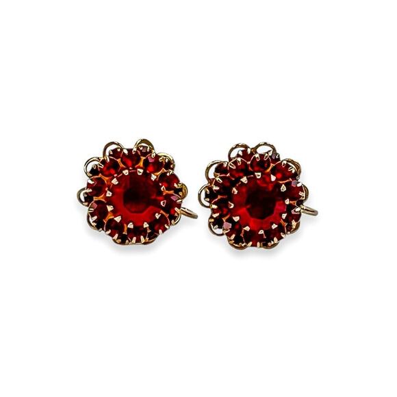 Sarah Coventry Deep Burgundy Clip On Earrings Ruby Red Rhinestone Prong Set Vtg - Picture 1 of 12